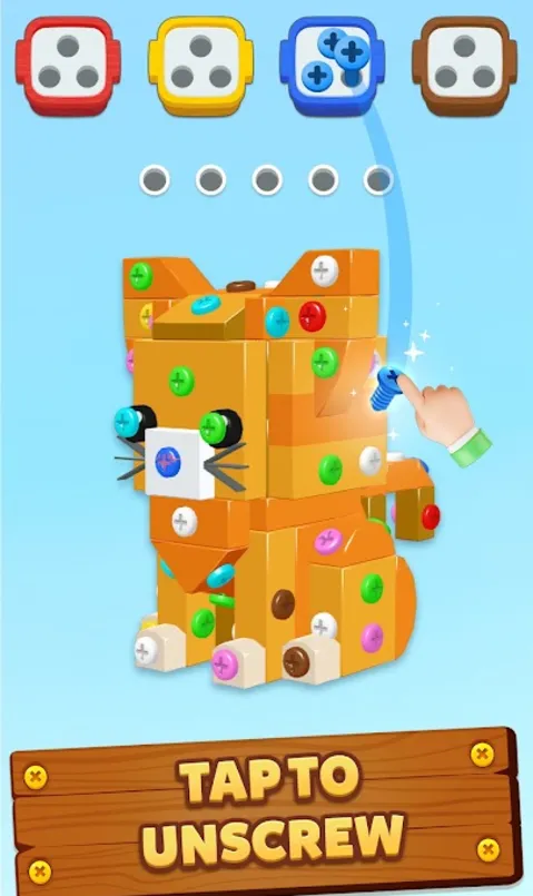 Schermata di gioco di Screwdom 3D, un gatto 3D fatto di viti colorate con la scritta Tap to Unscrew